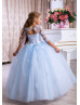 Beaded Sky Blue Tulle 3D Flowers Keyhole Back Fairytale Flower Girl Dress